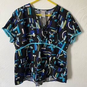 SB Scrub Top‎ Women’s Size XL Cotton Black Blue Short Sleeve Pull Over